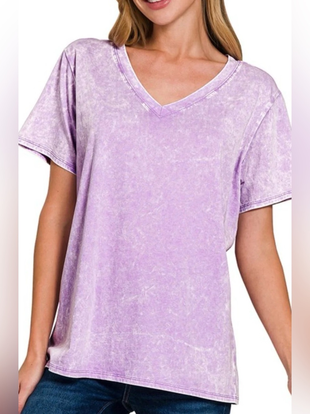 New Zenana Outfitters V-Neck Short Sleeve Tee ~ Mineral Wash Lavender